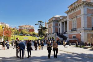 Madrid, Spain - October 27, 2015: A lot of people on the square in front of the National Prado Museum - one of the largest and most important museums of European